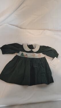 Vintage Friedknit Creations Baby 3M Christmas Dress Green Corduroy Smocked NWT